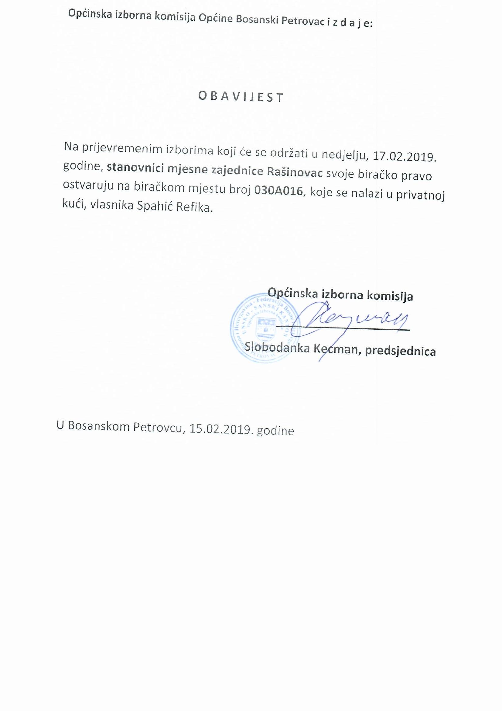 Obavijest Rašinovac